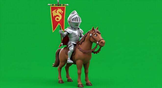 cartoon knight and horse galloping with flowing cape, action scene icon, centered on green screen
