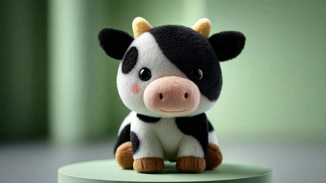 Adorable plush cow doll in warm ambient studio lighting on pastel pink background, perfect for toy catalog or nursery decor Video 4K UHD 60 FPS