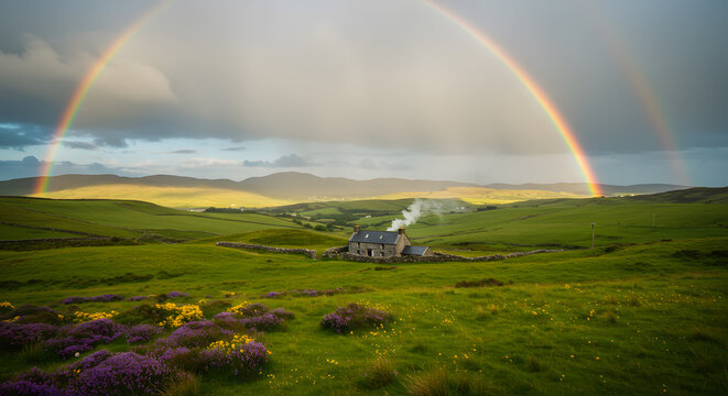 Scenic cottage under double rainbow in green landscape tranquil rural scene