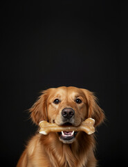 Obraz premium Golden Labrador Holding Rawhide Bone — A playful black labrador with a large chew bone in its mouth, set against a plain beige background with ample copy space.