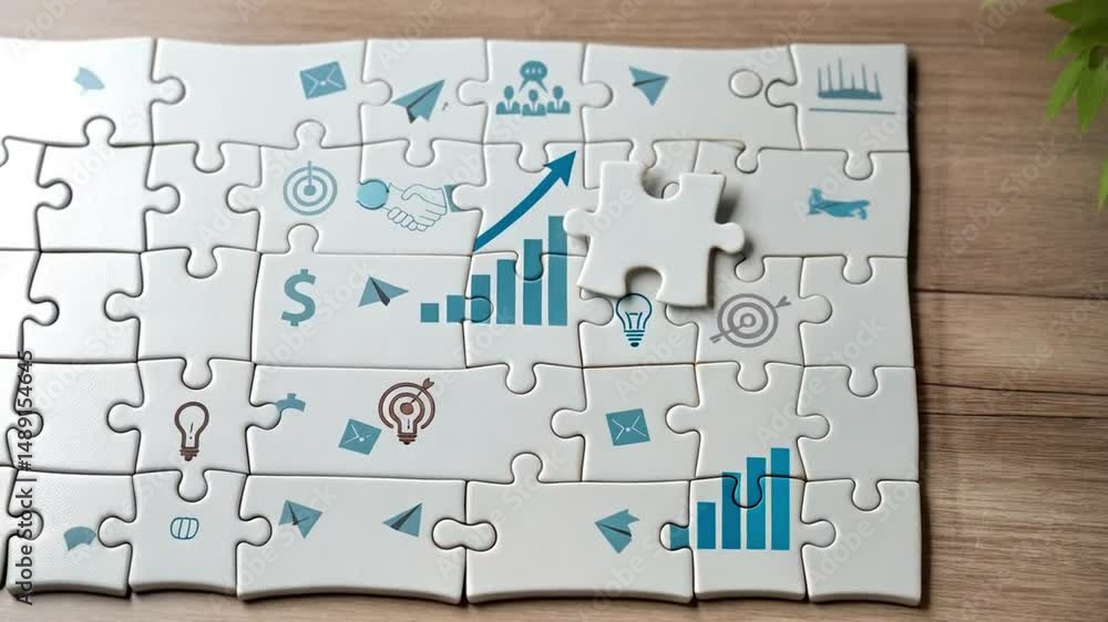 Poster hand placing a puzzle piece into a jigsaw puzzle with business themed icons and an upward arrow grap