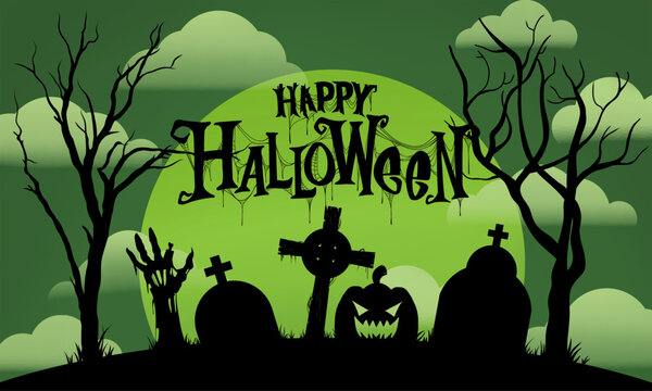 Spooky Halloween Graveyard Illustration with Full Moon and Tombstones