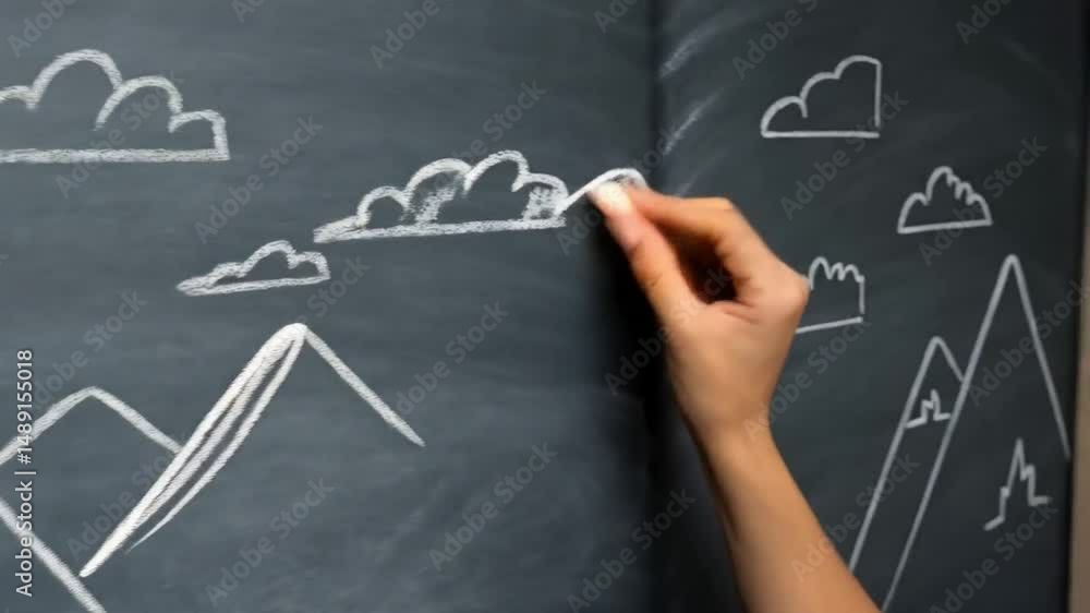 Poster hand drawing mountain with chalk on blackboard with flag at peak and winding road to the top under c