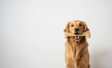 Golden Labrador Holding Rawhide Bone &mdash; A playful black labrador with a large chew bone in its mouth, set against a plain beige background with ample copy space.
