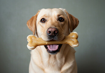 Labrador Retriever Holding Rawhide Bone &mdash; A playful black labrador with a large chew bone in its mouth, set against a plain beige background with ample copy space.
