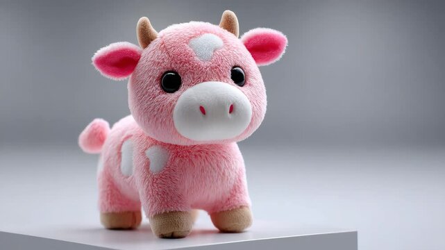 Pink cow doll with spotted pattern in glowing ambient light for soft-themed visual content Video 4K UHD 60 FPS
