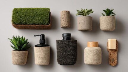 A collection of potted plants and bathroom accessories