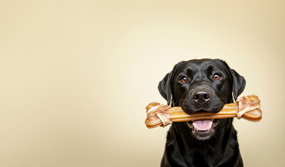 Black Labrador Retriever Holding Rawhide Bone — A playful black labrador with a large chew bone in its mouth, set against a plain beige background with ample copy space.
