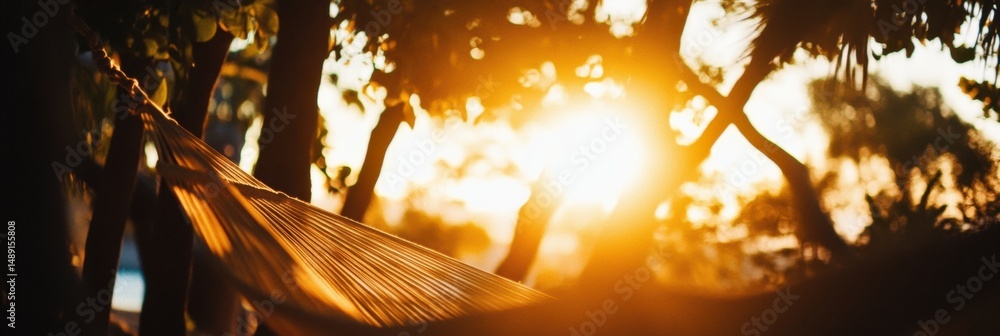Poster Enchanting sunset viewed through a beach hammock surrounded by palm trees with golden light creating a warm summer atmosphere