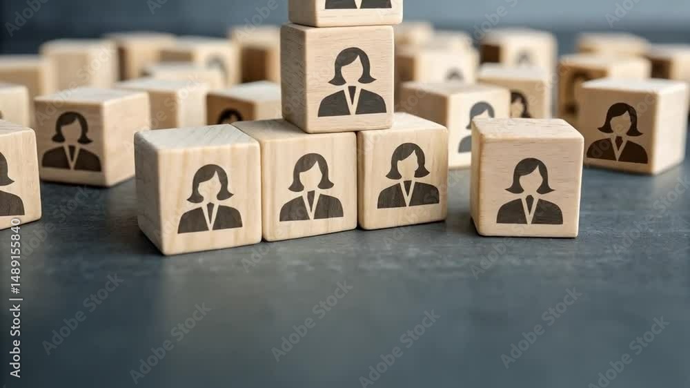 Aufkleber Wooden blocks displaying female icons stacked and arranged on a gray surface in a studio shot