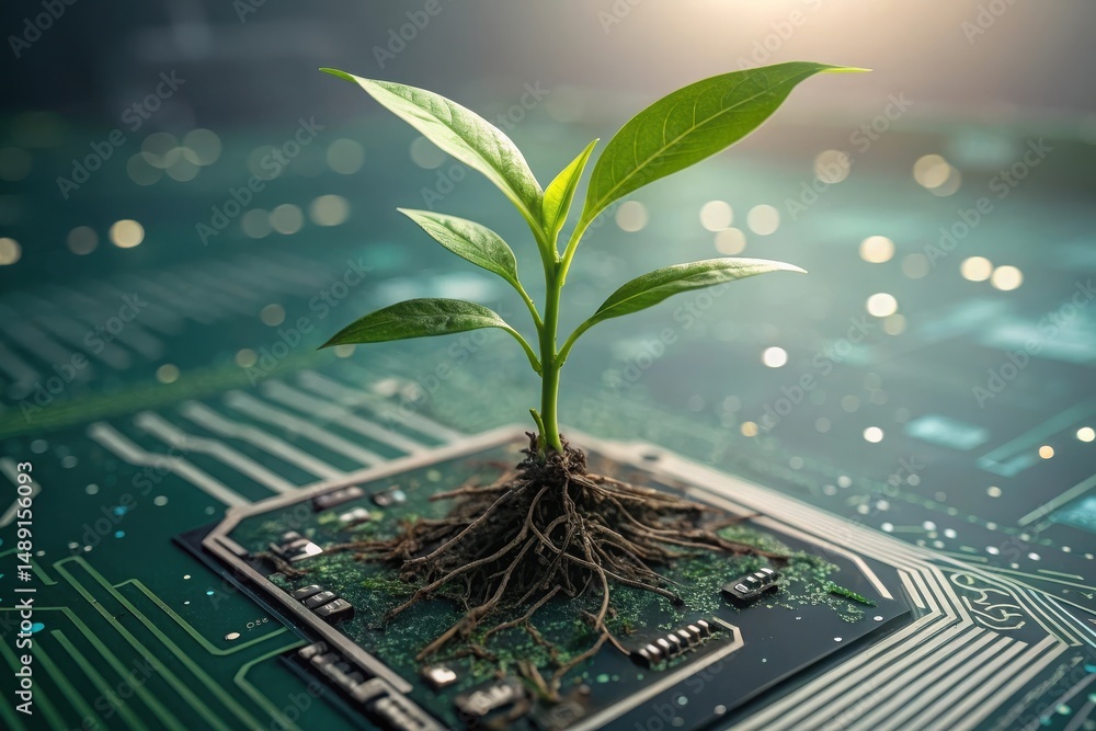 Poster a seedling growing from a microchip on a circuit board