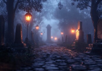 Eerie Foggy Graveyard Pathway Under Dim Orange Lantern Light
