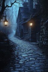 Fototapeta premium Dark Enchanted Pathway with Lanterns and Foggy Atmosphere