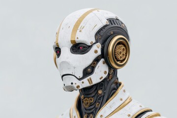Futuristic White Robot  AI  Android  Cyborg  Gear  Cogs  Machinery  Closeup Portrait