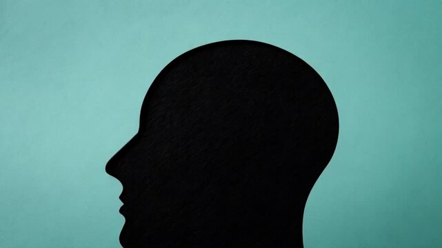 Black head silhouette with puzzle pieces forming brain on a teal background flat lay view