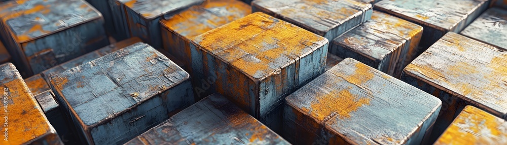 Poster rusty metal blocks in a geometric pattern.