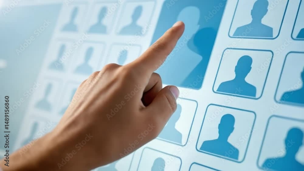 Poster Hand selecting a profile from a grid of silhouette avatars on a digital screen interface display