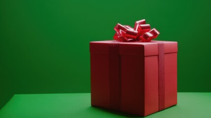 Red gift box with shiny ribbon and bow on a green background ideal for festive celebrations and seasonal promotions in retail marketing and advertisements
