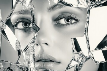 Fragmented beauty concept featuring striking reflections in shattered mirror with a modern and edgy artistic style