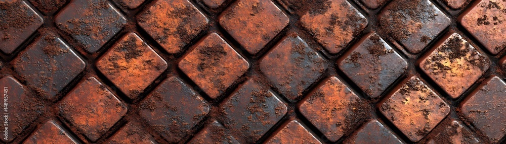 Poster detailed close-up view of textured rusty tiles.