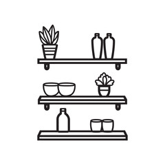 Minimal outline drawing shows three shelves filled with plants and dishes in black and white