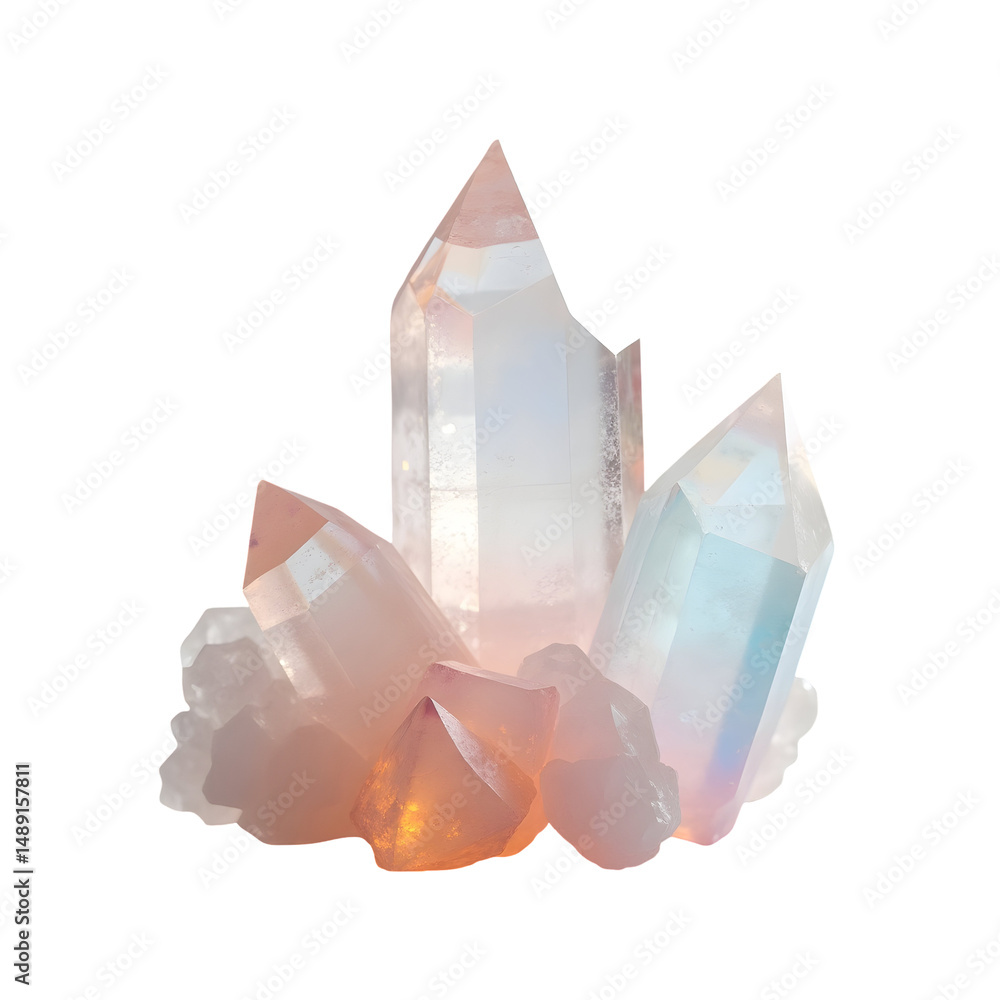 Poster detailed photograph of a mesmerizing crystal cluster displaying a spectrum of subtle colors and intr