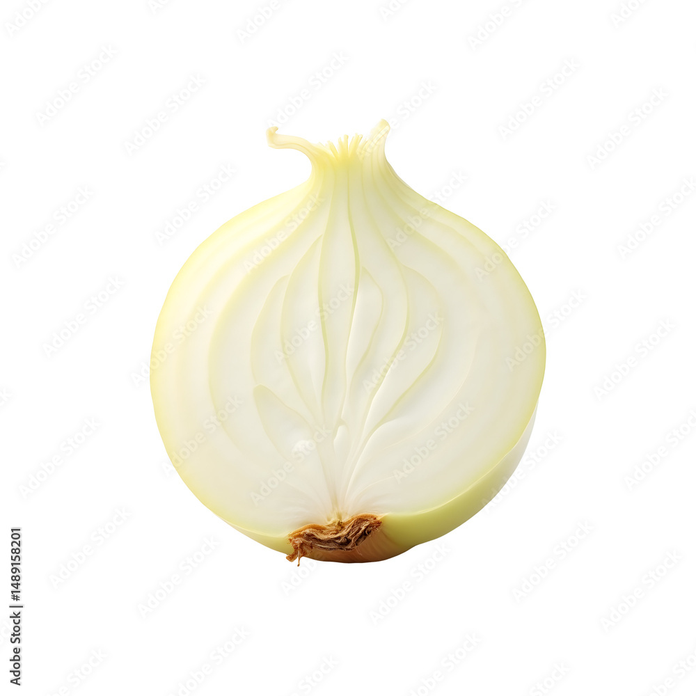 Poster detailed photorealistic depiction of a freshly cut onion showcasing its intricate layers and unique 