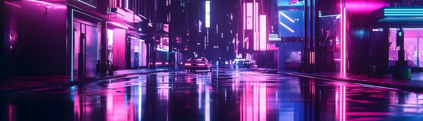 Obraz premium Neon-lit city street scene at night.