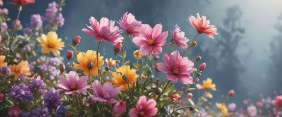 Lush watercolor blooms, vibrant petals, artistic splash, spring, garden, stock