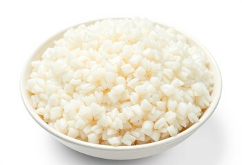 Fluffy white rice, served in a bowl, isolated on pure white background, delicious, clean eating