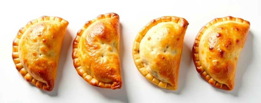 Four golden brown empanadas with flaky crust on white background, cuisine, delicious, appetizer