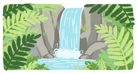 Obraz premium Waterfall cascading down rocks framed by lush green ferns 