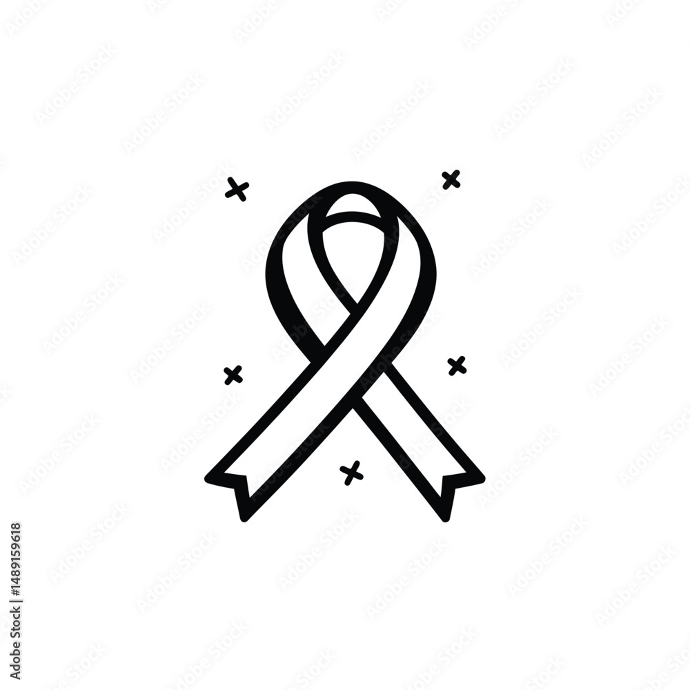 Poster minimalist black line drawing showcases a simple ribbon with cross marks on transparent backdrop