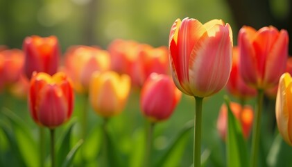 Obraz premium Fresh green tulip buds with vibrant colorful flowers in lush spring setting, green, vibrant, spring