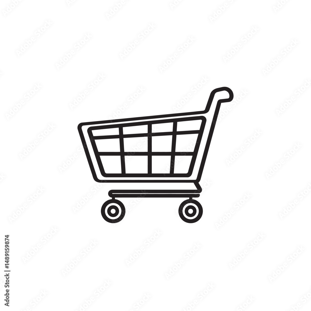 Poster minimalist black line icon shows a shopping cart with a transparent background