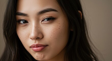 Obraz premium Portrait of a beautiful Asian woman with dark hair and freckles looking at camera