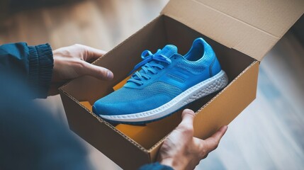 Unboxing freshness: Vibrant athletic shoe revealing in a brown cardboard box