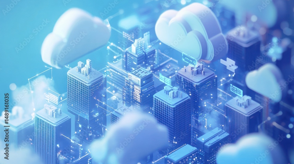 Poster architectural rendering of a futuristic city connected to cloud computing networks
