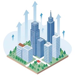 Isometric city skyline with rising arrows representing business growth, financial success, and upward trends &ndash; modern vector concept for economics, urban development, and investment

