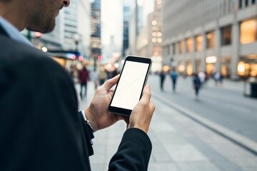 Businessman Using Smartphone in City Street Digital Overlay Concept