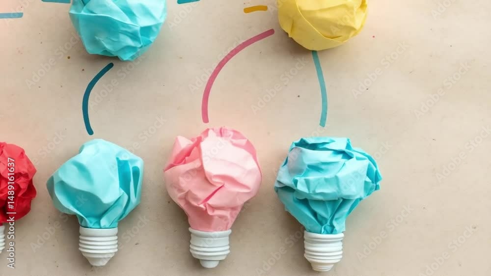 Poster conceptual image showing crumpled paper lightbulbs connected to people icons on a beige surface