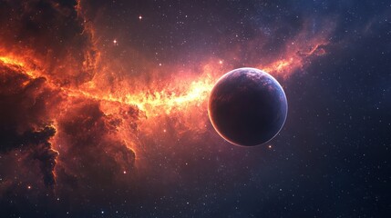 Obraz premium Celestial vista of a solitary planet bathed in cosmic flames and stardust