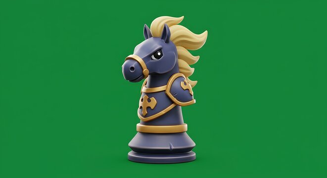 cartoon chess style horse knight piece with medieval design, centered on isolated green screen
