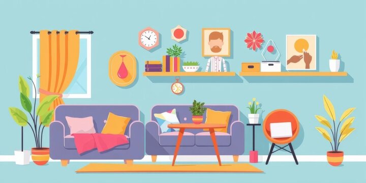 Modern flat illustration of shared apartment living symbols and signs, chores, utilities