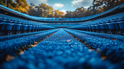 Blue seats in an outdoor stadium arranged in rows, with space for advertising, perfect for a promotional photography shot.