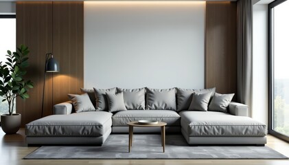 Modern grey sofa with built-in table in elegant living room interior, luxury, minimalistic