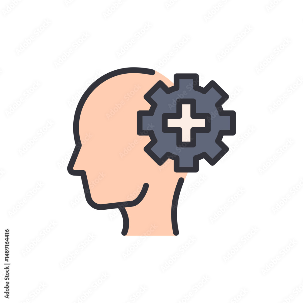 Poster human head with cogwheel showing concepts of process and development