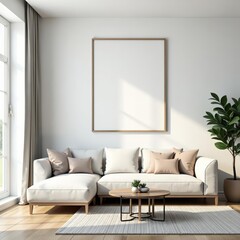Modern living room with mockup frame on white wall, minimalistic decor, elegant furniture, modern, elegant