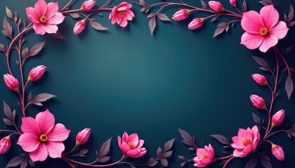 Delicate fuchsia flowers, swirling vine, repeating motif , floral print, illustration