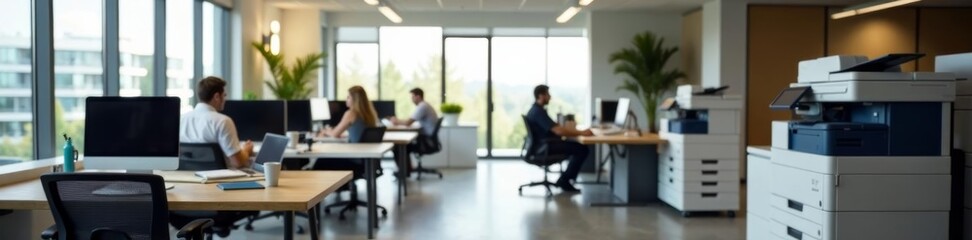 Fototapeta premium Modern office space with ergonomic desk chair and sleek workspace, minimalist, workplace